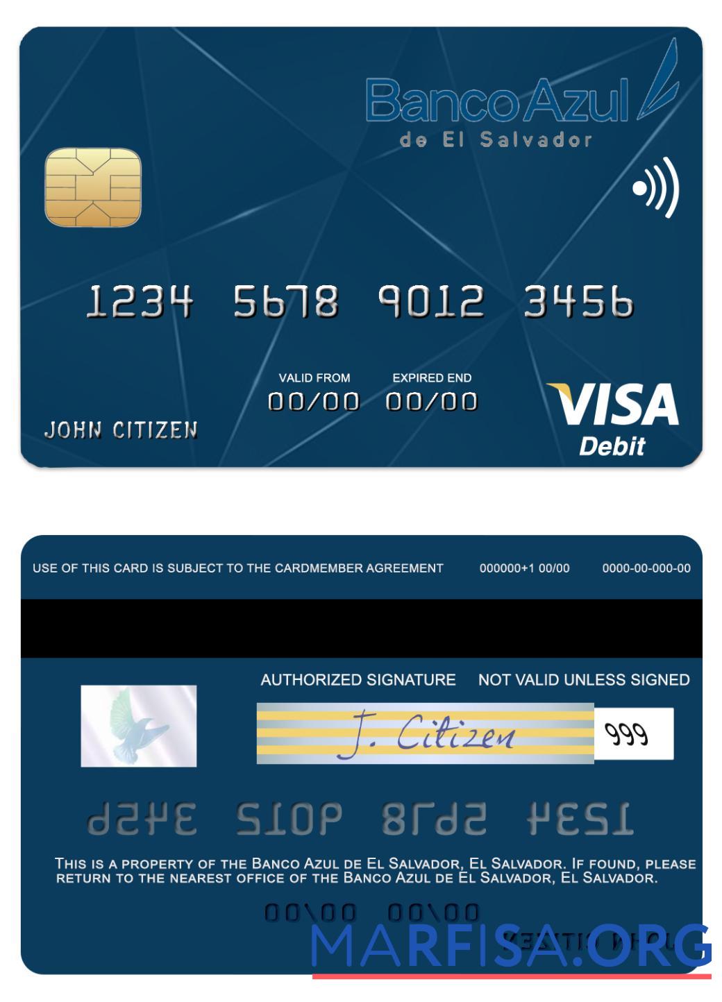 Realistic El Salvador Banco Azul de El Salvador visa debit card download for verification